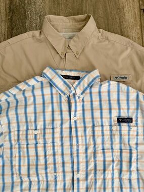Columbia Men's Plaid Button-Down Shirt in Blue and Tan and Solid Tan Lot (2)